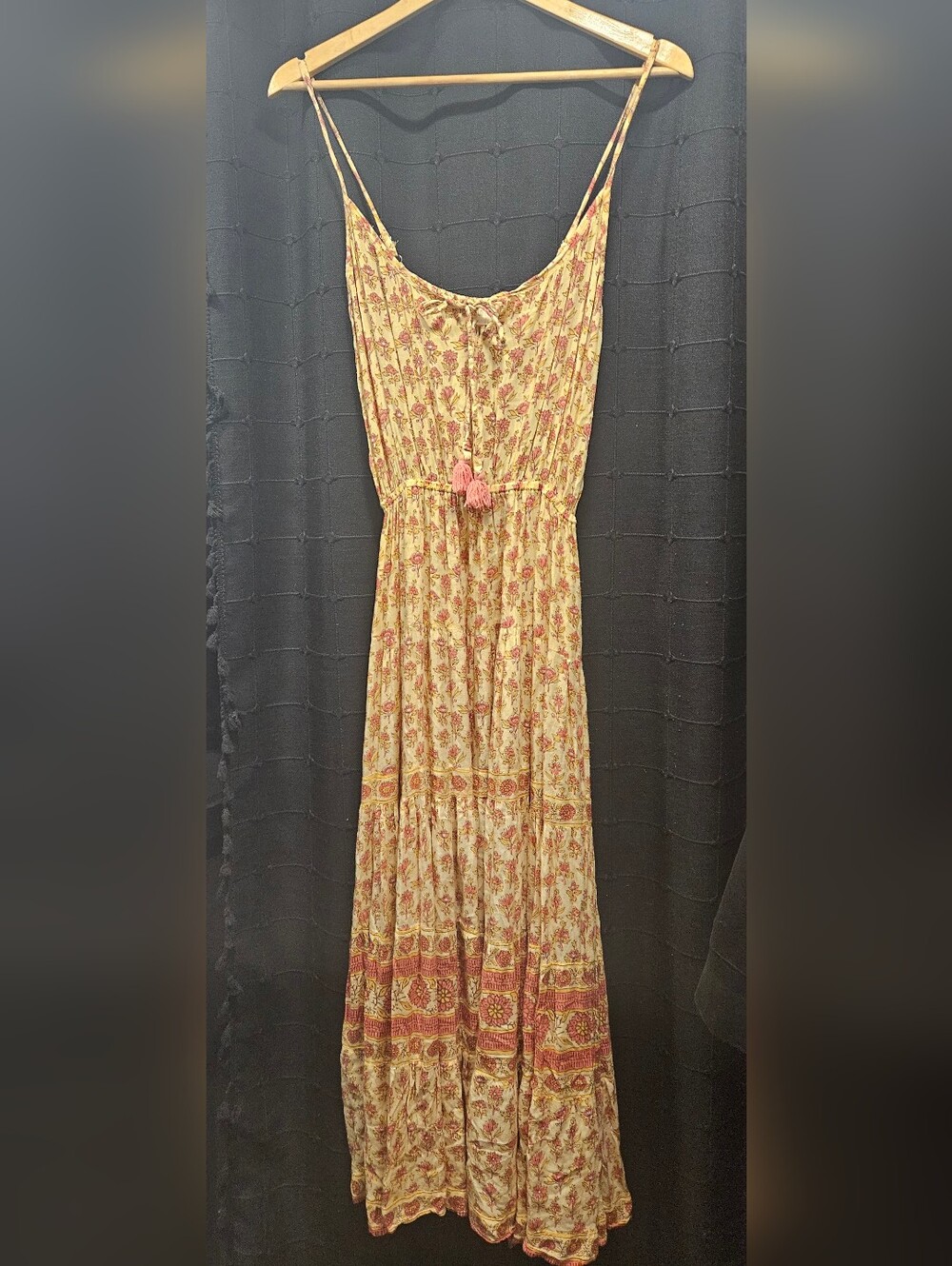 BEACHGOLD Floral Tiered Maxi Dress Small Yellow Boho Tassel Sustainable B-Corp - Picture 2 of 9